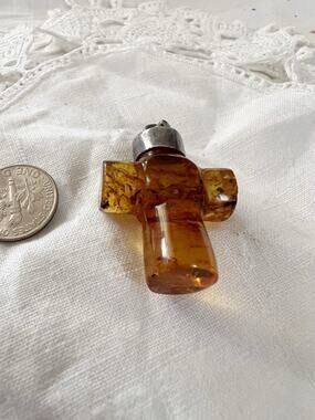 Unique Large Amber Cross Necklace w Sterling Silver Setting Chunky Bold Handmade